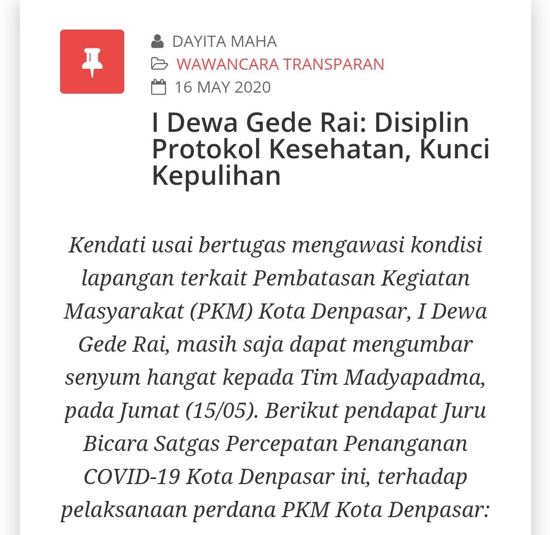 I Dewa Gede Rai: Disiplin Protokol Kesehatan, Kunci Kepulihan