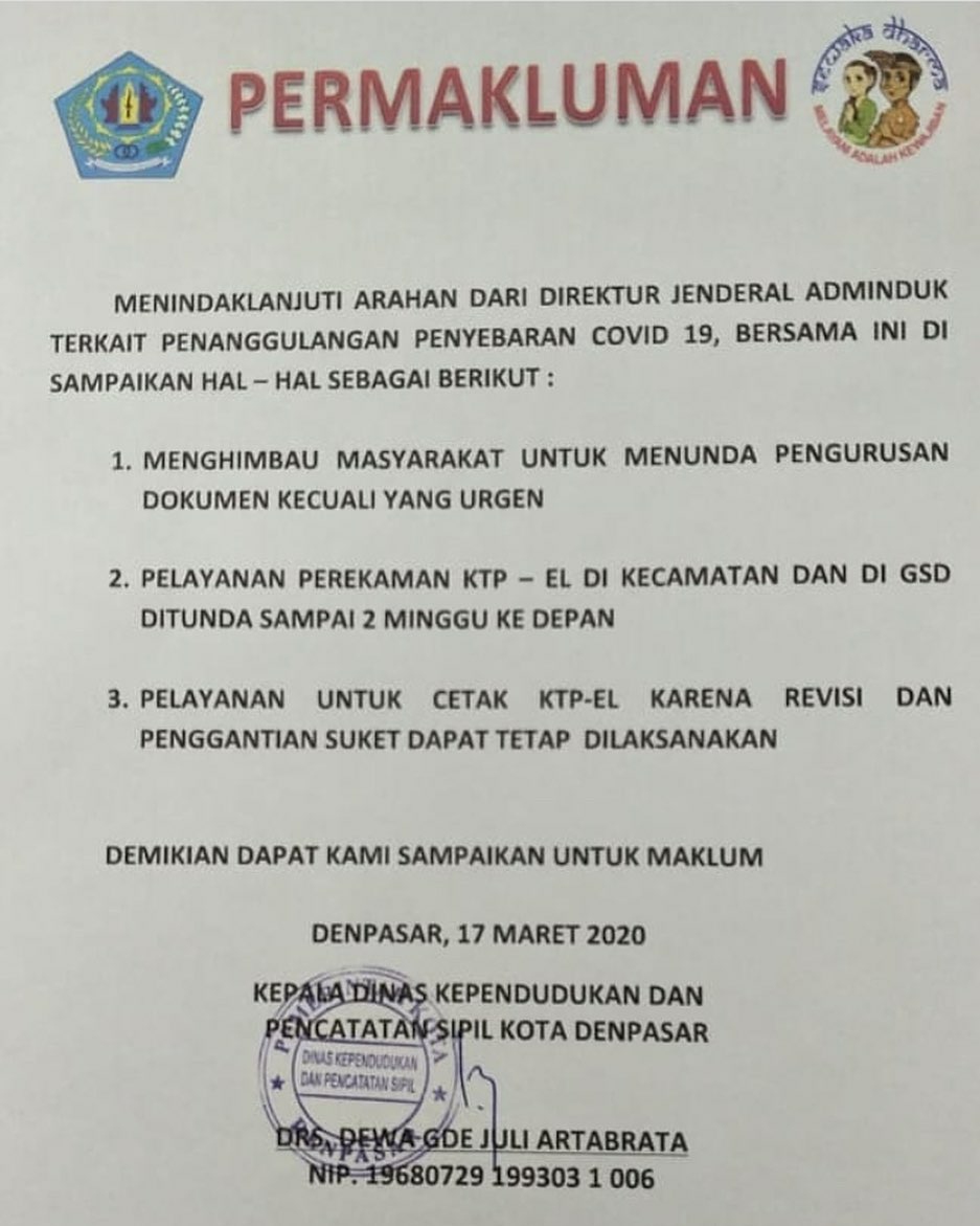 Himbauan dari Dinas Dukcapil : Tunda Pengurusan Dokumen Kecuali Urgent !